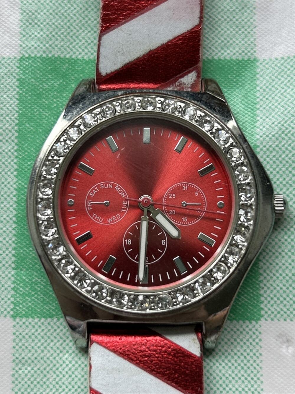 Claire’s Silver Tone Red Dial Candy Cane Band Women’s Quartz Watch